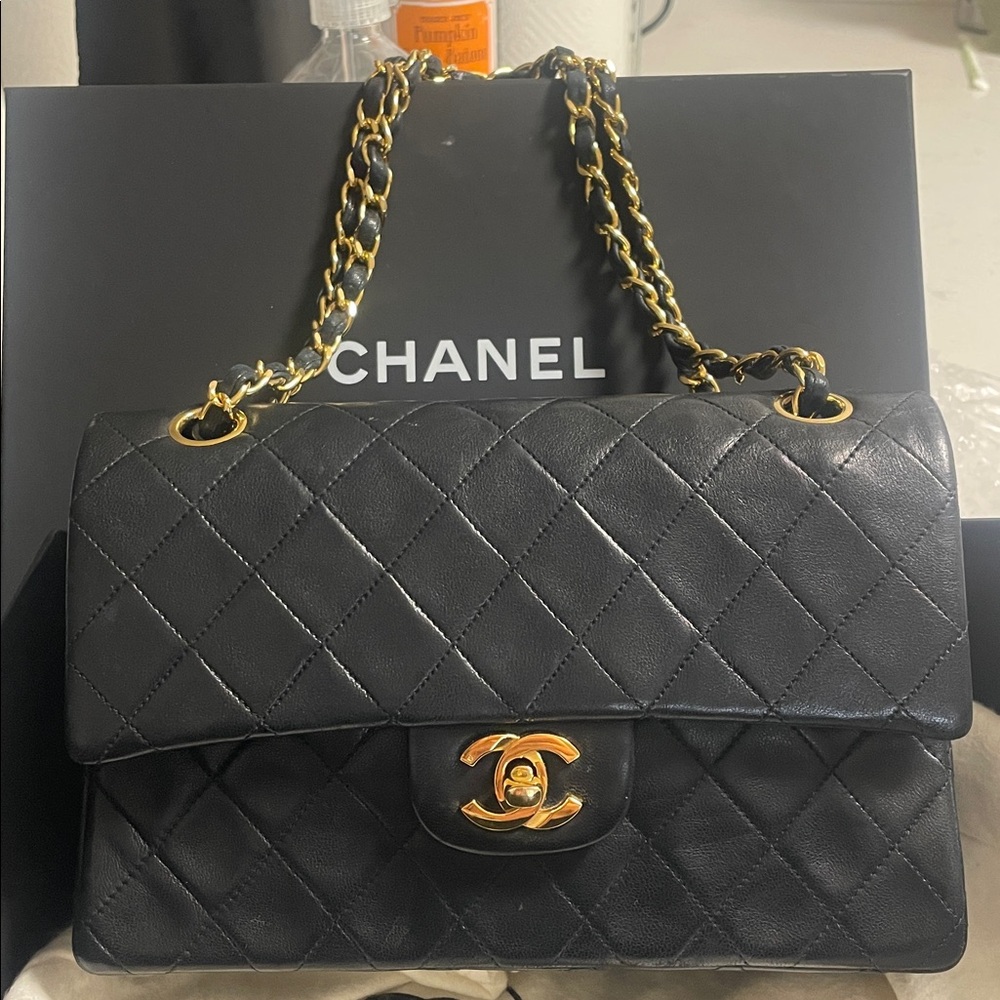 Authentic CHANEL Black Lambskin Leather Small Double Flap Bag Purse Gold HW RARE - Picture 6 of 17